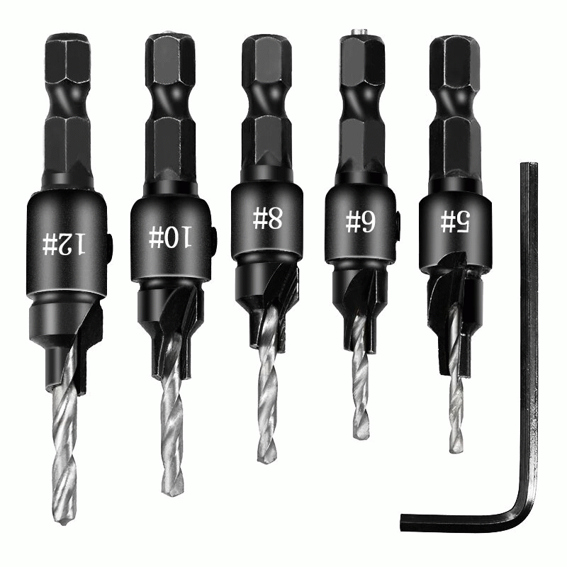 Gold - 5pcs Countersink Drill Woodworking Drill Bit Set Drilling Pilot Holes For Screw Sizes #5 #6 #