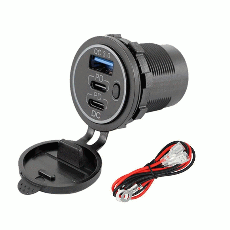 Blue Light - 12-24V Triple USB Car Charger Socket QC3.0 & Two PD3.0 With ON/OFF Independent Switch F
