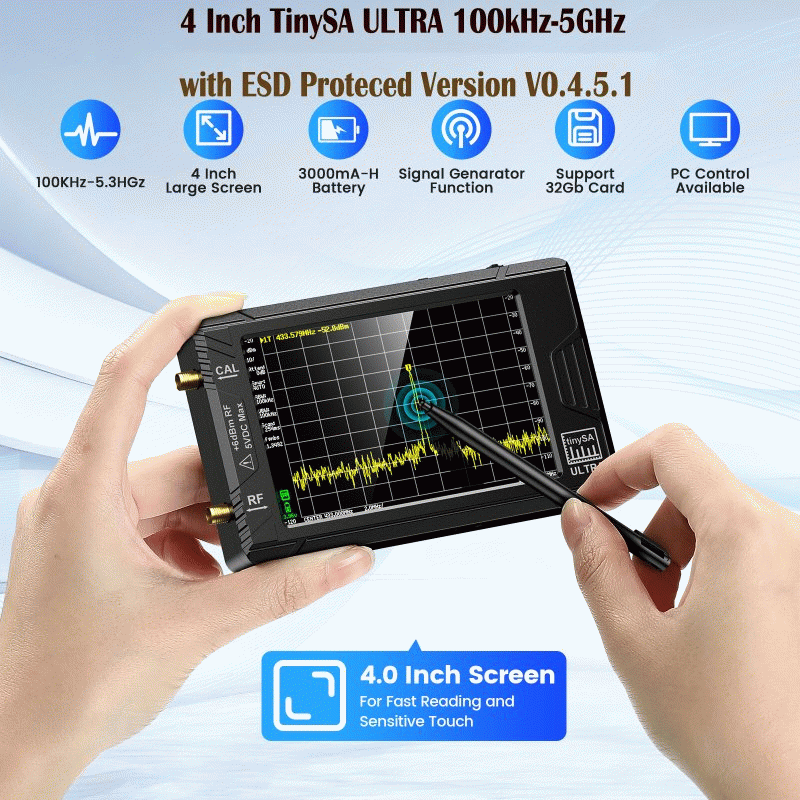 Handheld 4" Display Tiny Spectrum Analyzer TinySA ULTRA 100kHz to 5.3GHz with 32GB Card Version V0.4