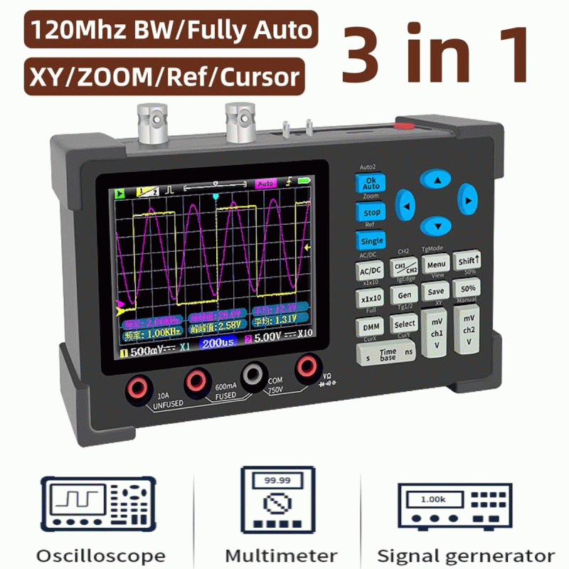 3 in1 Digital Oscilloscope Multimeter Signal Generator 120MHz IPS Display Dual Channel FFT Zoom Mode