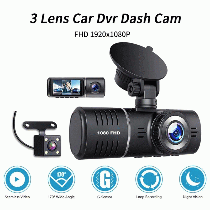 Black - J06 Car DVR 3 Channel HD 1080P 3Lens Inside Vehicle Dash Cam Three Way Camera DVR Recorder V