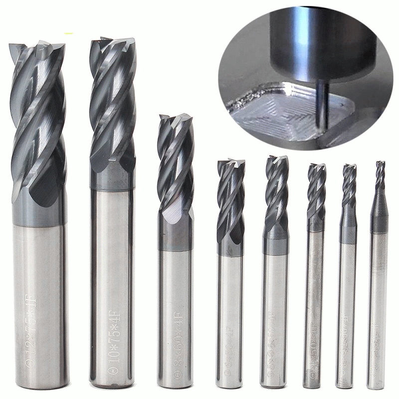 8PCS Carbide 4-Flute End Mill Set Tungsten Steel 2-12mm CNC Milling Machine Router bits for Cutting