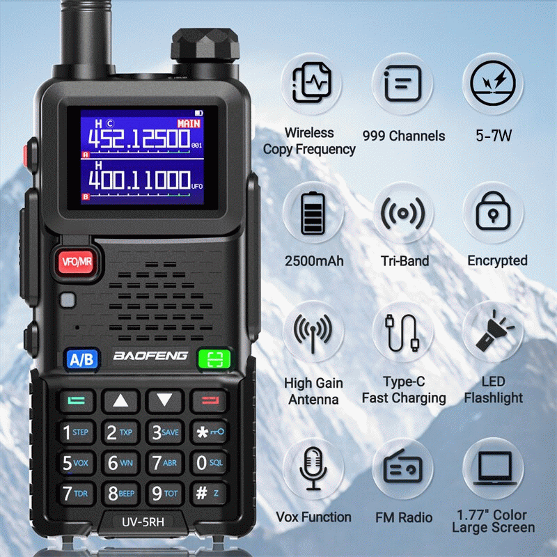 Baofeng UV-5RH 5W Tri-band EU Walkie Talkie 1.77inch Screen Large Range 2500mAh Type-C Rechargeable