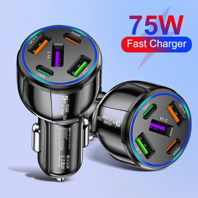 White - 75W 5-Port USB PD Car Charger Adapter 3USB-A+2USB-C PD QC3.0 Fast Charging for iPhone 15 15