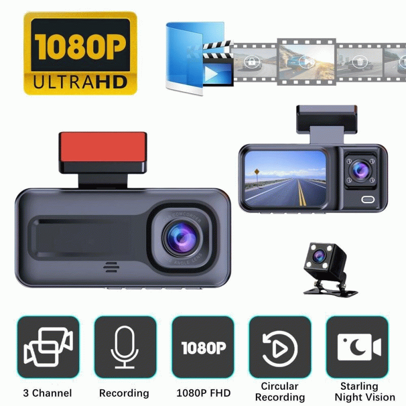Black - Full HD 1080P Car Front Windshield DVR Camera 3 Lens Dash Cam with Infrared Night Vision Par