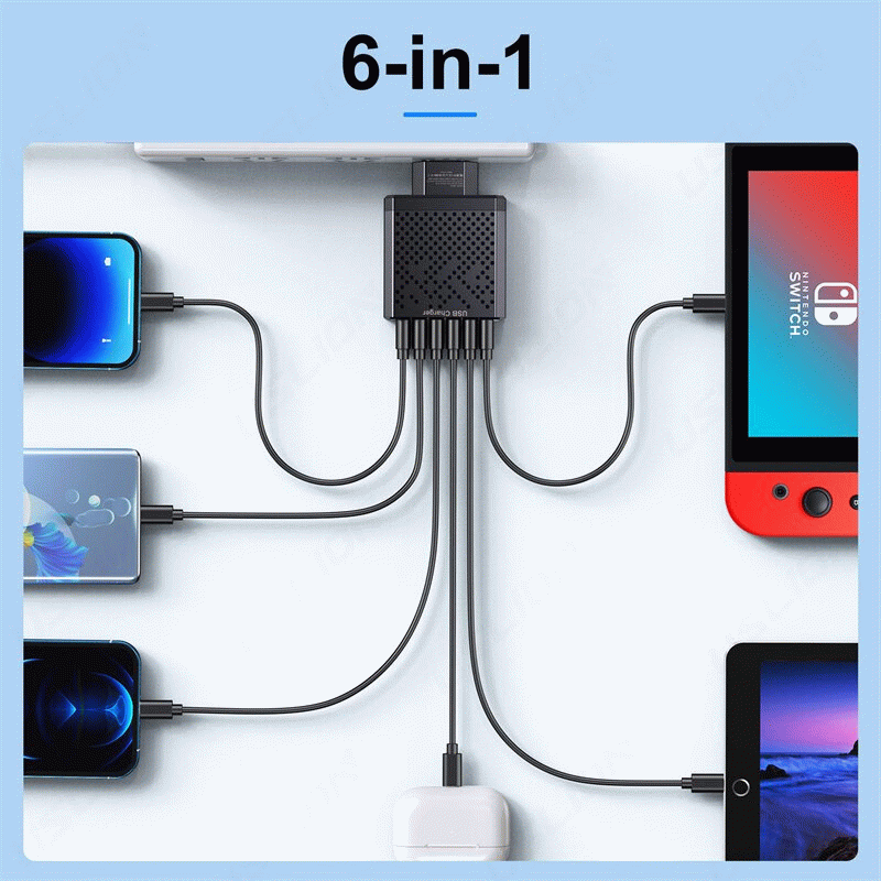 Yellow - 5V3A 6-Port USB Charger 6USB-A QC3.0 Fast Charging Wall Charger Adapter EU Plug for iPhone