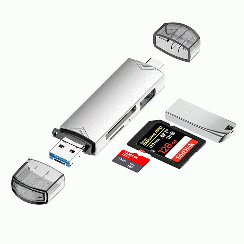 Grey - DM-HC61 6-in-1 OTG Type-C SD TF Card Reader USB 3.0 Micro USB Flash Drive Adapter 5Gbps High