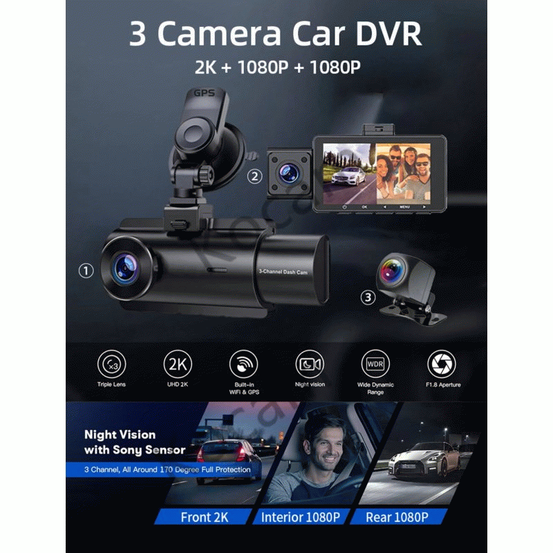 128GB - 3 Channel Dash Cam Car Dash Camera With GPS WiFi IR Night Vision Camcorder