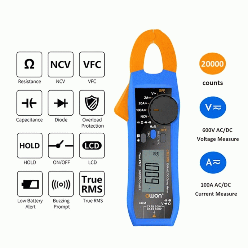 CM2100B - OWON CM2100 CM2100B Digital Clamp Meter 20000 Counts True RMS Bluetooth NCV Auto Ranging A