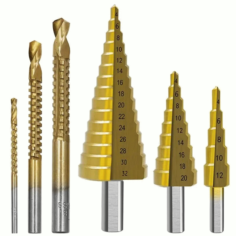 B - 6PCS High-Speed Steel Step Drill Bits Set Titanium Coated 4-12mm 4-20mm 4-32mm Serrated Drill Bi