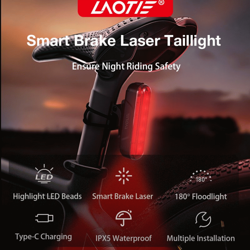 1pcs - LAOTIE LS80 Smart Brake Sensor Bike Taillight 500mAh Battery 6 Light Modes Type-C Rechargeabl