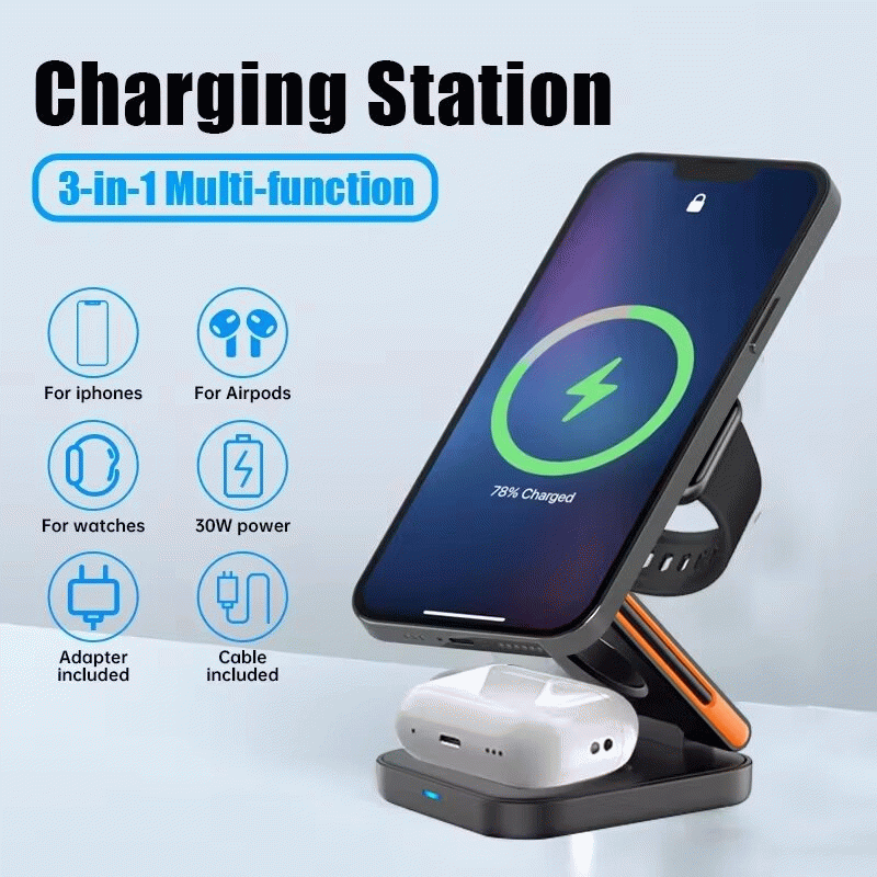 Black - Bakeey 3-in-1 30W Foldable Wireless Charger Fast Magnetic Wireless Charging Stand for Smart