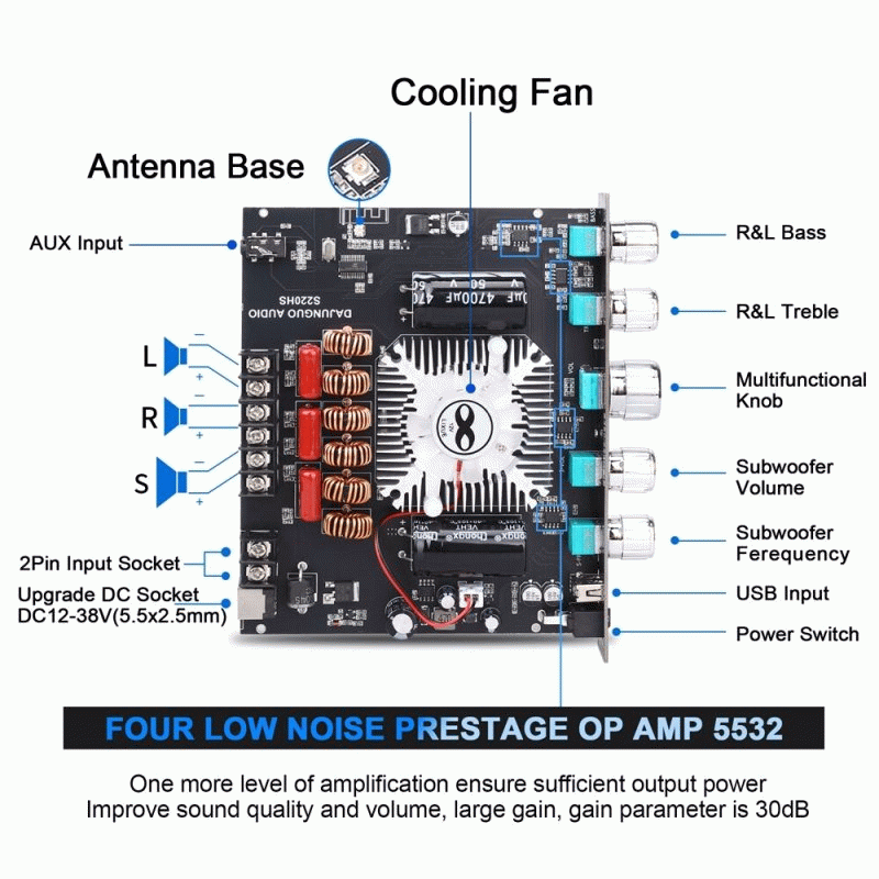 Black - S220HS bluetooth Power Amplifier Board 2.1 Channel TDA7498E 160Wx2+220W 12V-38V Audio Power