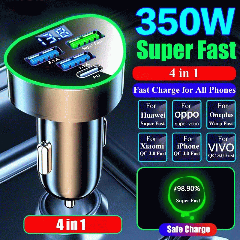 #2 - 350W 4-Port USB PD Car Charger Adapter 3USB-A+USB-C Fast Charging with Blue LED for iPhone 16 1