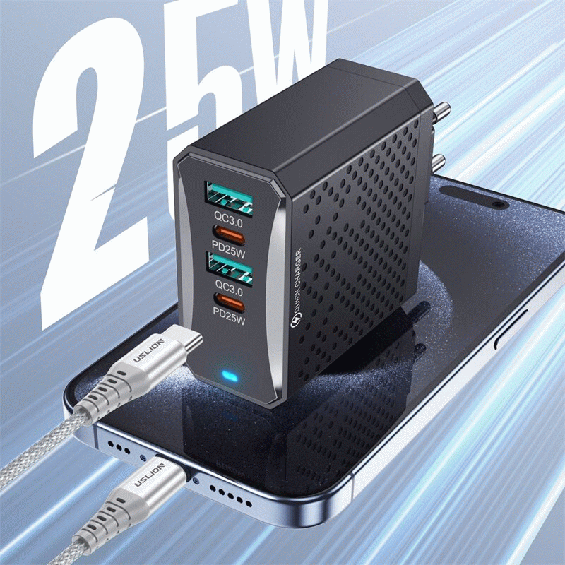 White & EU Plug - USLION BK303 100W 4-Port USB PD Charger 2USB-A+2USB-C PD QC3.0 Fast Charging Wall
