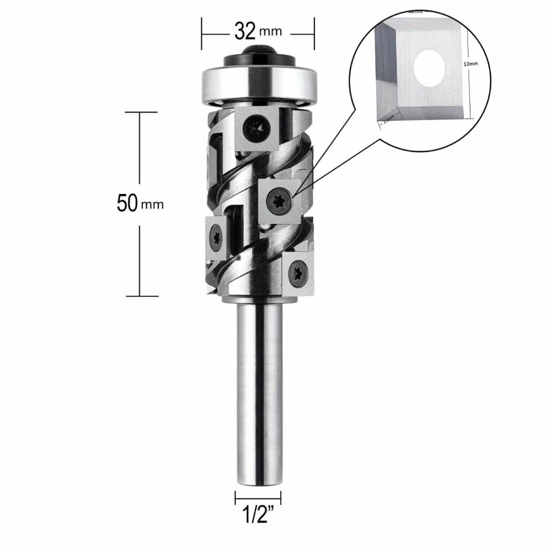 Type-B - Carbide Insert Flush Trim Router Bit 32mm Dia 1/2" Shank 50mm Cutting Length Top/Bottom Bea