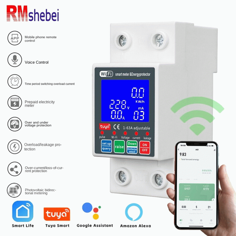 White - WiFi Smart Circuit Breaker 63A 230V 6kA Overcurrent Leakage Protection Bidirectional Meterin
