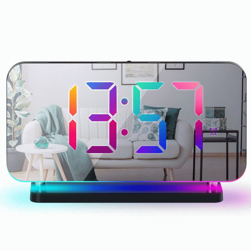Black - Large Screen Electronic LED Mirror Clock Colorful RGB Display Colorful Night Light Radio Pro