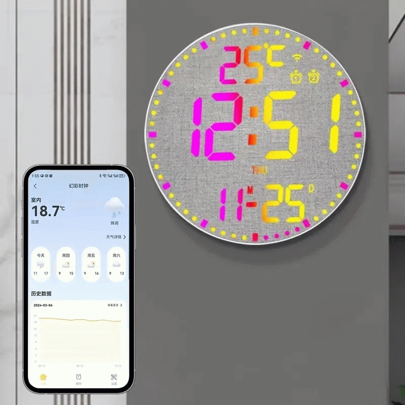 Type A - Tuya APP Smart Wifi Wall Clock RGB Calendar Clock Living Room Digital Wall Clock App Intell