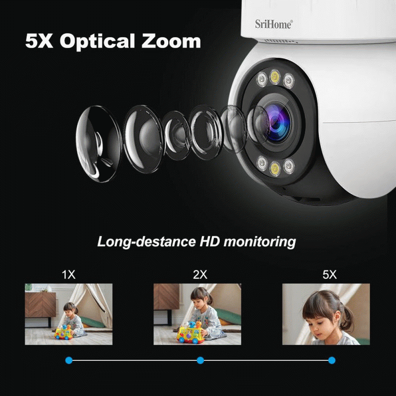 EU Plug - Srihome SH046 4MP 5G WiFi Indoor PTZ Camera 5X Optical Zoom Wireless Auto Tracking Night V