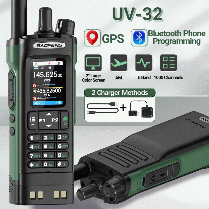 2Pcs Baofeng BF-UV32 GPS Walkie Talkie 10W Long Range Multi Band Bluetooth App 1000 Channels USB-C E