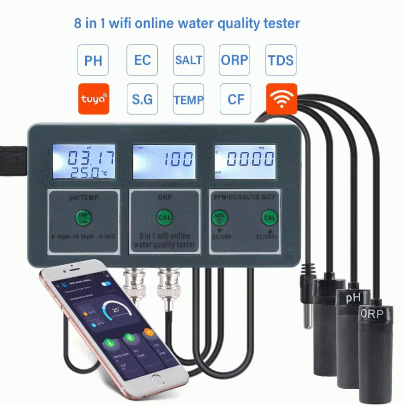 EU Plug - 8 in 1 Tuya WiFi Smart PH Meter Data Logger Temp TDS Salinity S.G. EC ORP Water Tester Mon