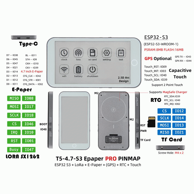 433Mhz with GPS - LILYGO T5-4.7-S3 Pro Epaper ESP32-S3 GSP Touch Screen Ink Display Development Boar