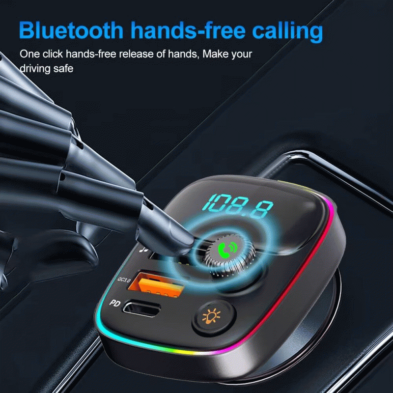 30W - Car FM Transmitter PD Type C Dual USB Ambient Player MP3 Charger Bluetooth 5.3 Wireless Light