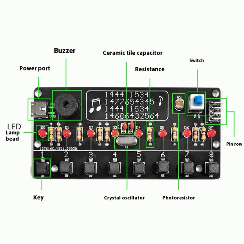DIY Kit - Electronic Piano Kit 8-key Interface Three-tone 14 built-in Songs LED Lighting Effect 5V P