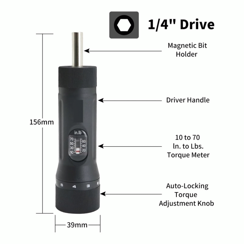 A Set - SHSIWI YSQ-70 Torque Screwdriver Adjustable 10-70 in-lb with 10 Bits 1/4 Drive Precision Too