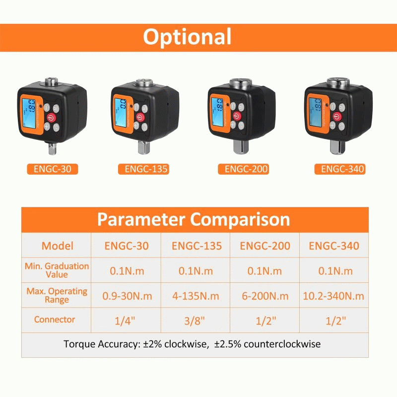 SNCG-200 - Digital Torque Meter 1/2'' to 1/4'' 1/2'' to 3/8'' Adapters High Accuracy 4 Torque Units