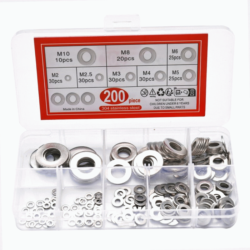 910pcs - 910pcs/200pcs 9 Sizes 304 Stainless Steel Flat Washers Assortment Kit M2 M2.5 M3 M4 M5 M6 M