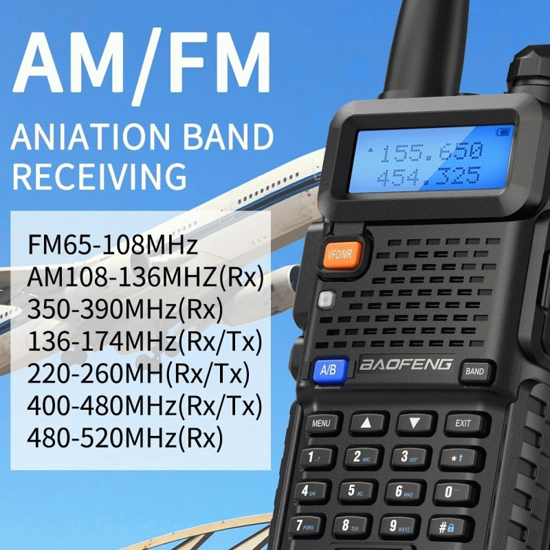 5W - Baofeng M-5R Walkie-Talkie 5W 8W Power Extended Version One-Key Frequency AM Aviation Full-Band