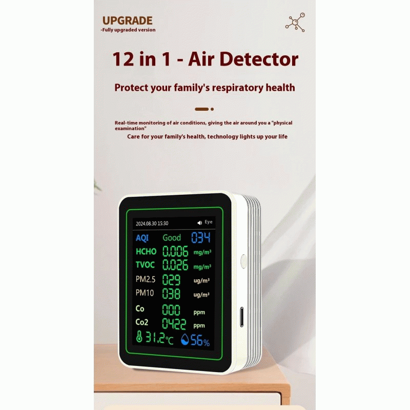 White - NEW 12 in 1 Air Quality Monitor Formaldehyde Space Contrast Function TVOC CO CO2 PM2.5 PM10