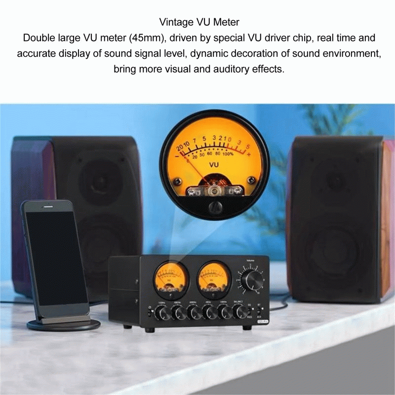 Black - 5 Band EQ Equalizer Pre-amplifier bluetooth 5.0 Vintage VU Meter Stereo RCA AUX 100Hz to 10K