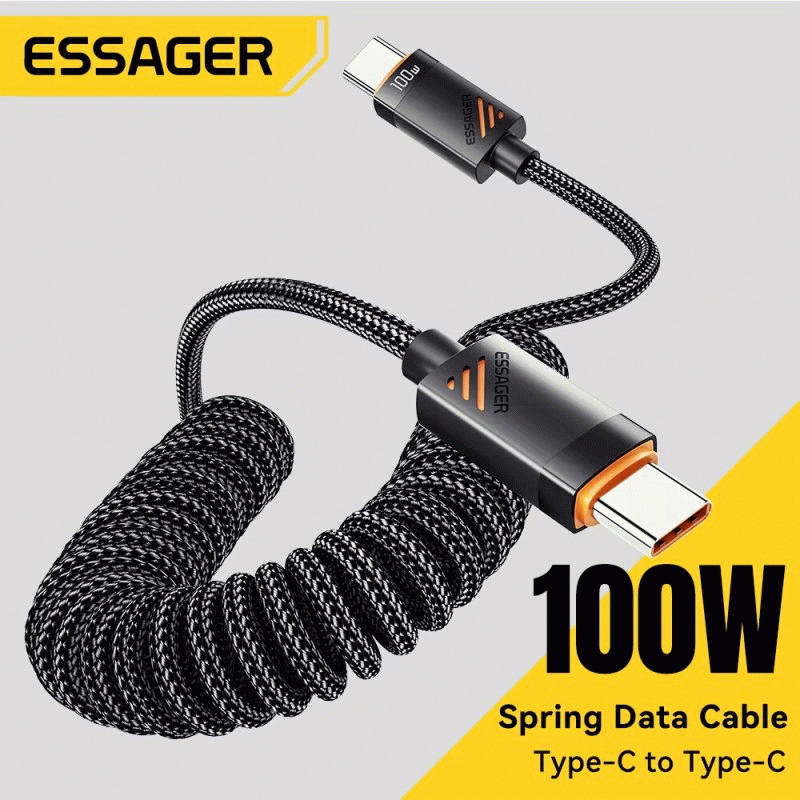 1.8M - ESSAGER ES-X66 3A/5A 60W/100W Type-C to Type-C Spring Data Cable PD3.0 QC4.0/3.0 FCP Fast Cha