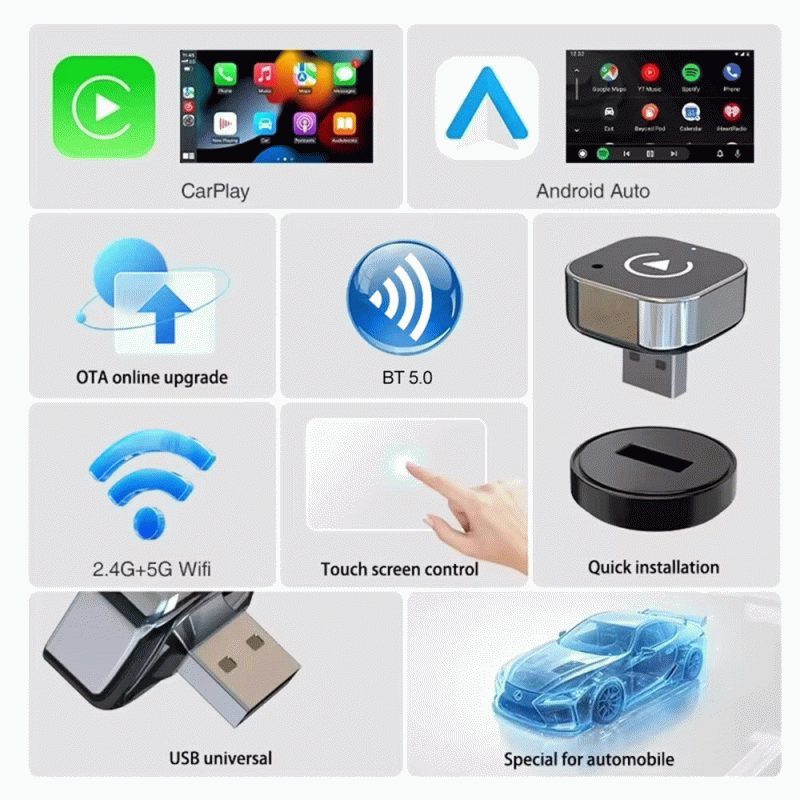 Silver - LAESD Q1A 2 in 1 Wireless CarPlay Android Adapter Dual-Band 2.4GHz 5GHz Plug and Play Auto-