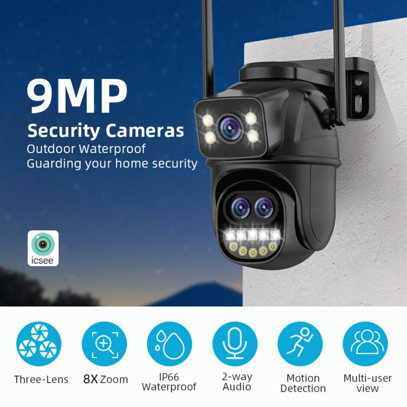 Black - Three Lens 9MP HD 8X Zoom Security Camera WiFi Outdoor IP66 Waterproof Human Detection Night