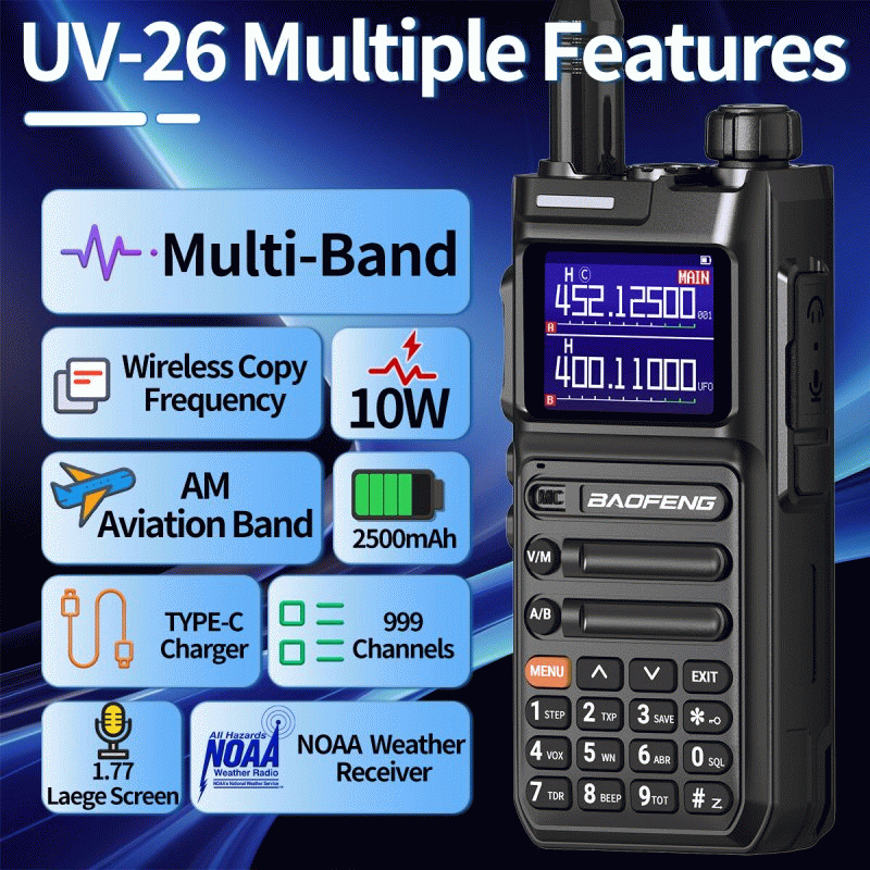 Black - Baofeng UV-26 10W High Power Walkie Talkie Handheld Two Way Radio Long Range Multi Band NOAA