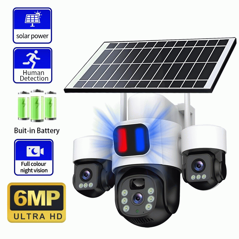 4G - Three Lens 6MP HD Solar Powered Security Camera 5X Zoom PTZ Color Night Vision Red Blue Alarm W