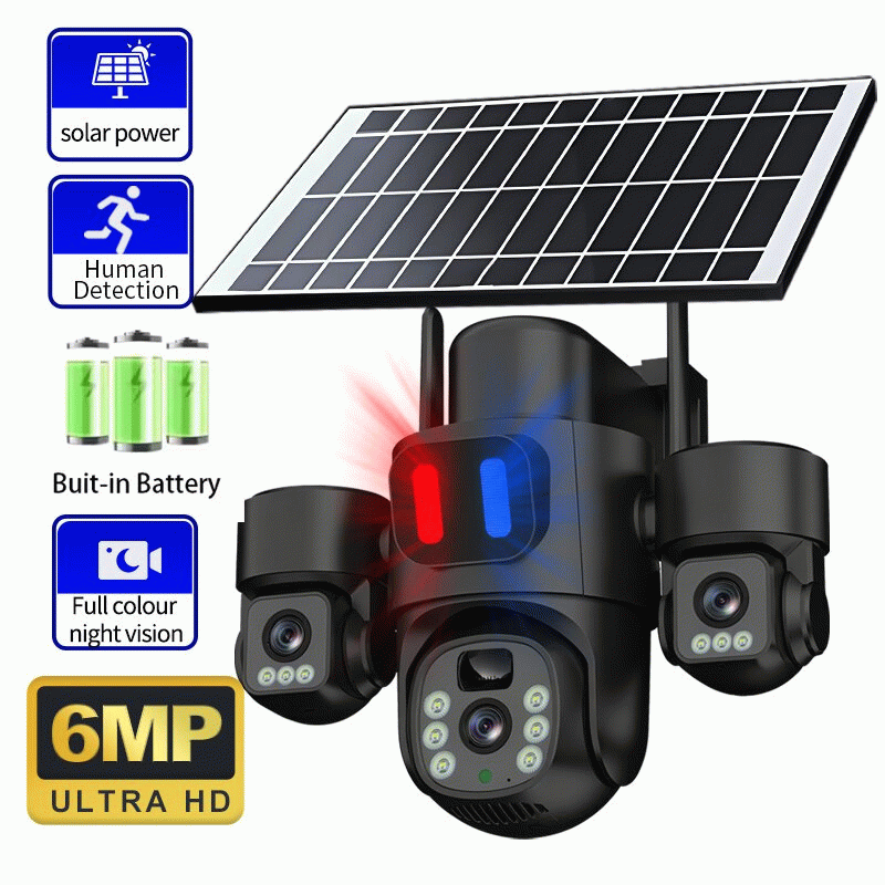 4G - Three Lens 6MP HD Solar Powered Security Camera 5X Zoom PTZ Color Night Vision Red Blue Alarm W