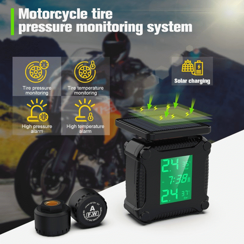 M7 - Solar Charging TPMS Motorcycle Tire Pressure System Tyre Temperature Alarm LED Display IP67 Wat
