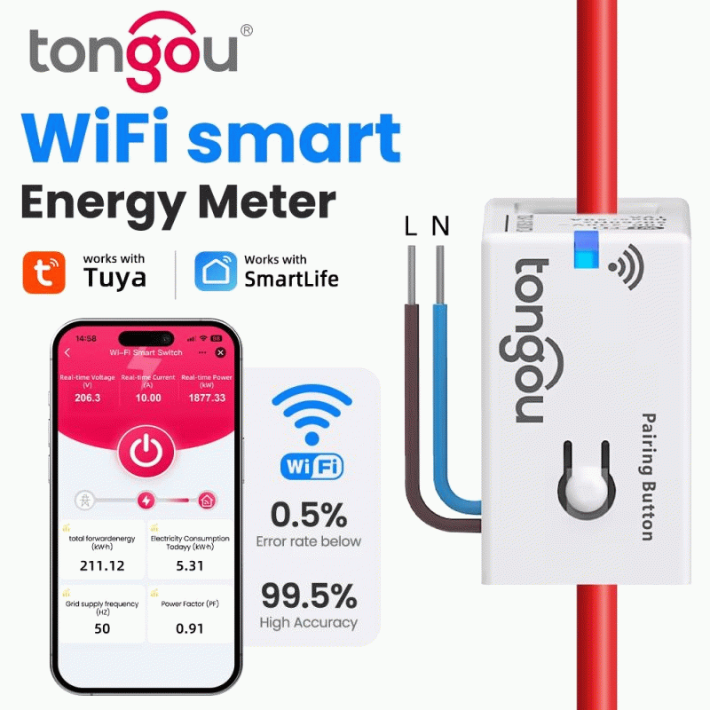 White - TONGOU Tuya Smart WiFi Energy Meter 1-50A Electric Sensor Real-Time Current Voltage Power Co