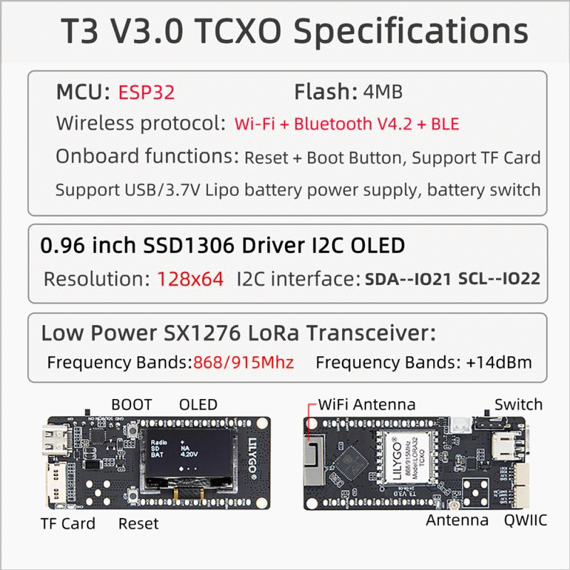 868MHZ - LILYGO T3 V3.0 TCXO LoRa SX1276 ESP32 WiFi Bluetooth Module 0.96 Inch OLED Display 4MB Flas