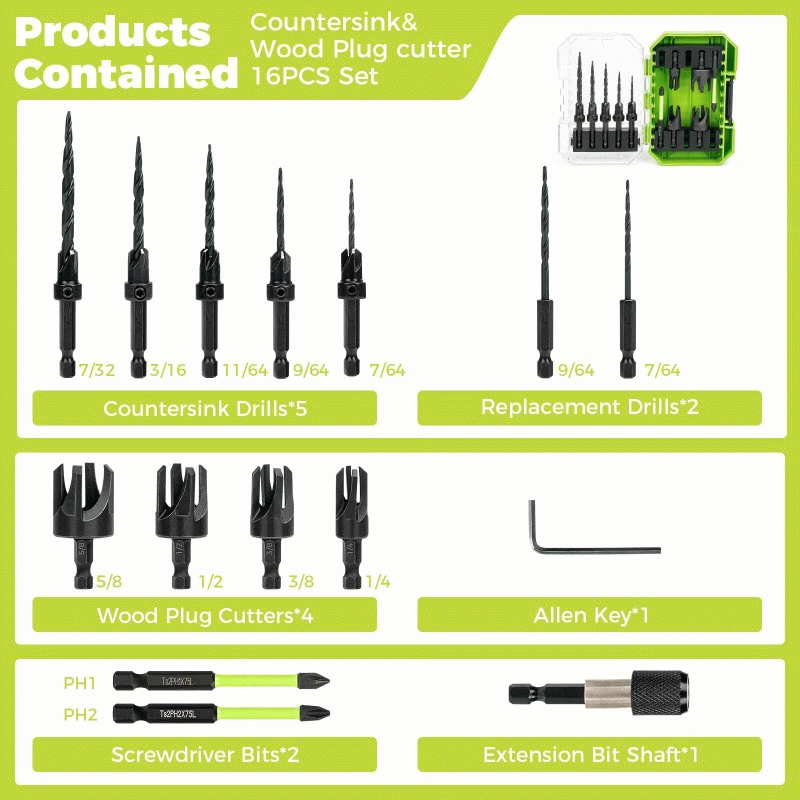 15PCS - 15PCS High Speed Steel HSS Countersink Drill Bit Set Adjustable Depth Tapered Drill Bits for