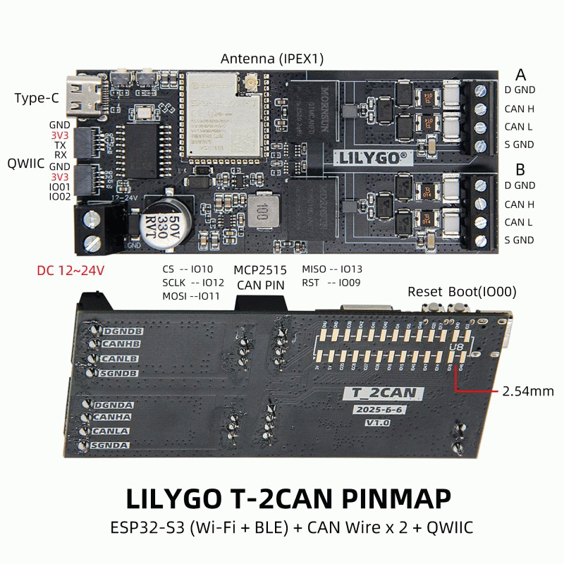 Black - LILYGO T-2CAN ESP32-S3 WiFi Bluetooth Development Board 16MB Flash 8MB PSRAM Stand-Alone CAN
