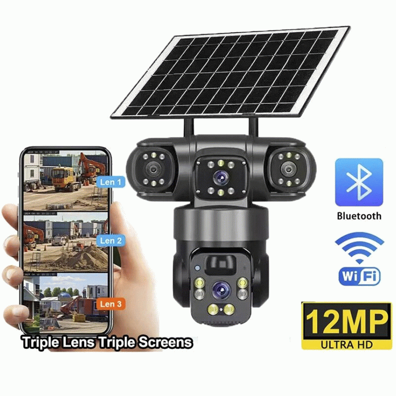 4G - Guudgo V380 12MP Tri-Lens Solar Powered PTZ Security Camera Wireless WiFi/4G PIR Motion Detect
