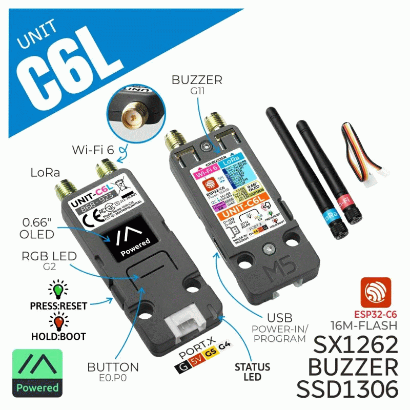 Unit C6L - M5Stack Unit C6L for Meshtastic LoRa Communication Module ESP32-C6 SX1262 WiFi 6 0.66 Inc