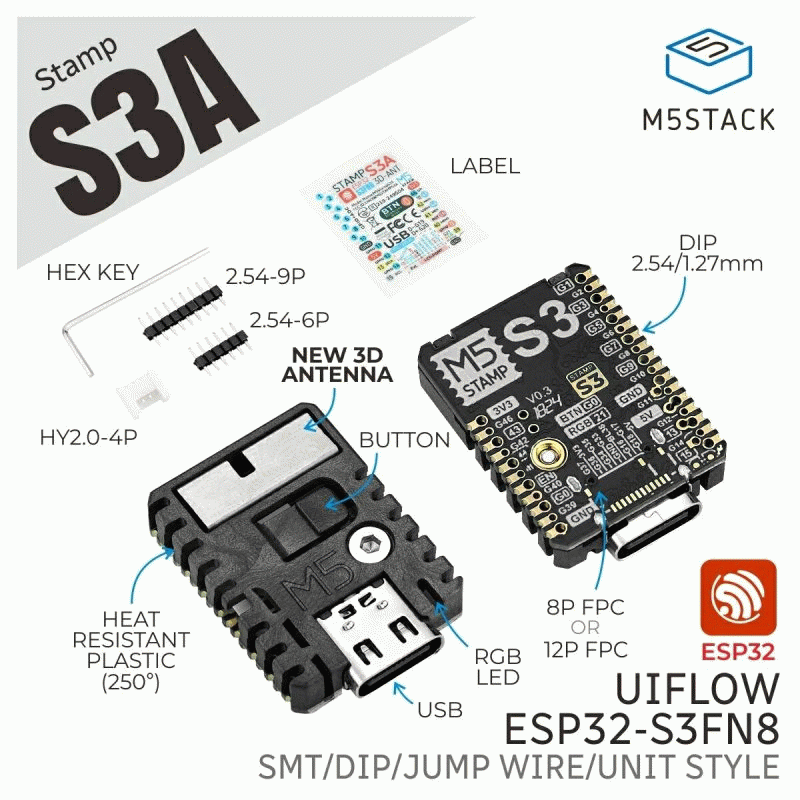 Black - M5Stack M5stampS3A Based ESP32-S3FN8 Embedded Module Programmable Development Board