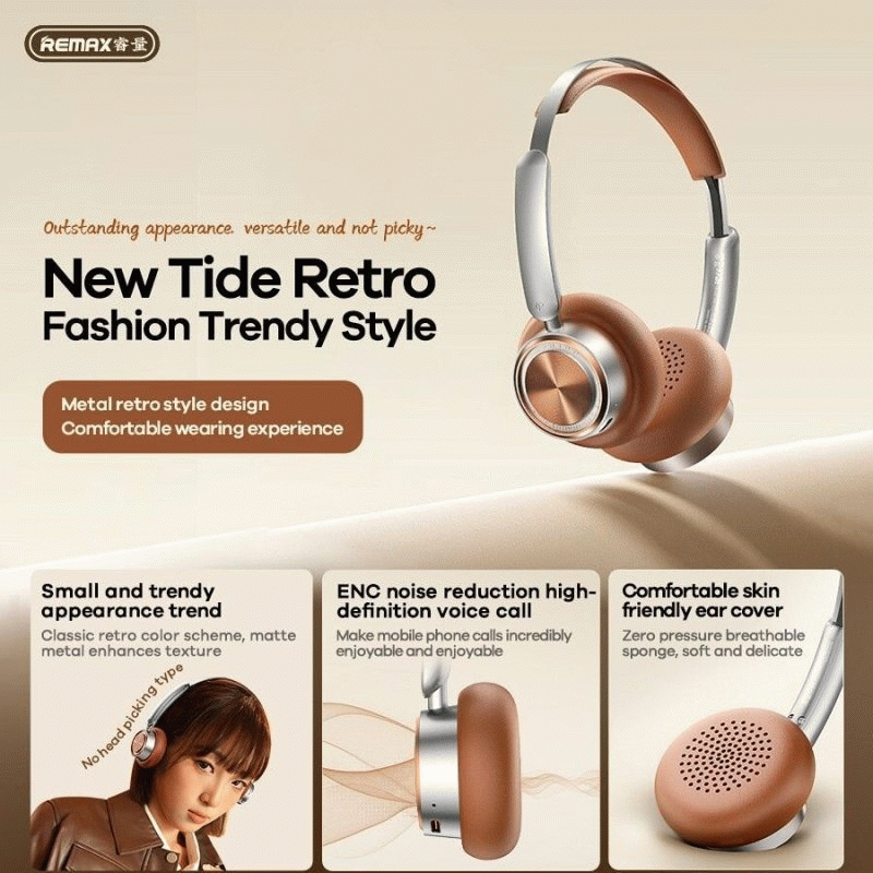 Gold - REMAXS RB-830HB Retro bluetooth Headphones Long Battery Life Low Latency Comfortable On-Ear D